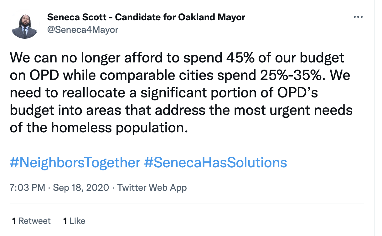 Screenshot of Scott tweet from Sep 18 2020: “We can no longer afford to spend 45% of our budget on OPD while comparable cities spend 25%-35%. We need to reallocate a significant portion of OPD’s budget into areas that address the most urgent needs of the homeless population.”