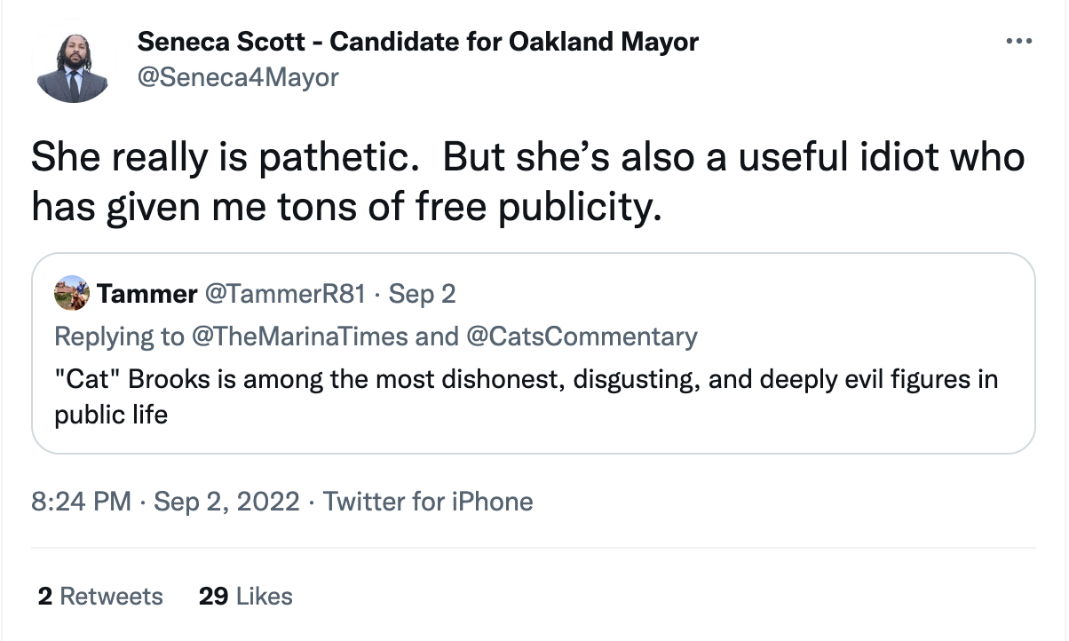 Screenshot of Scott tweet from Sep 2 2022: “She really is pathetic. But she’s also a useful idiot who has given me tons of free publicity.”