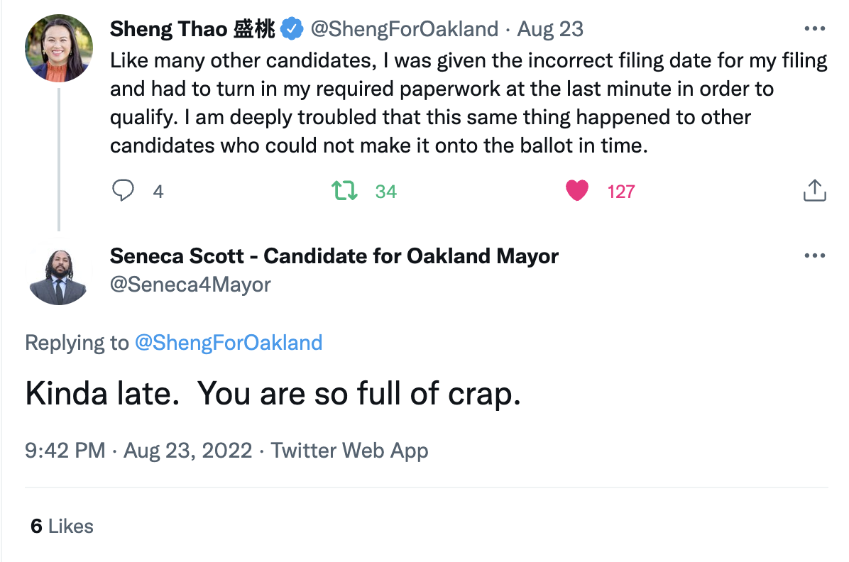 Screenshot of Scott tweet from Aug 23 2022, replying to @ShengForOakland: “Kinda late. You are so full of crap.”