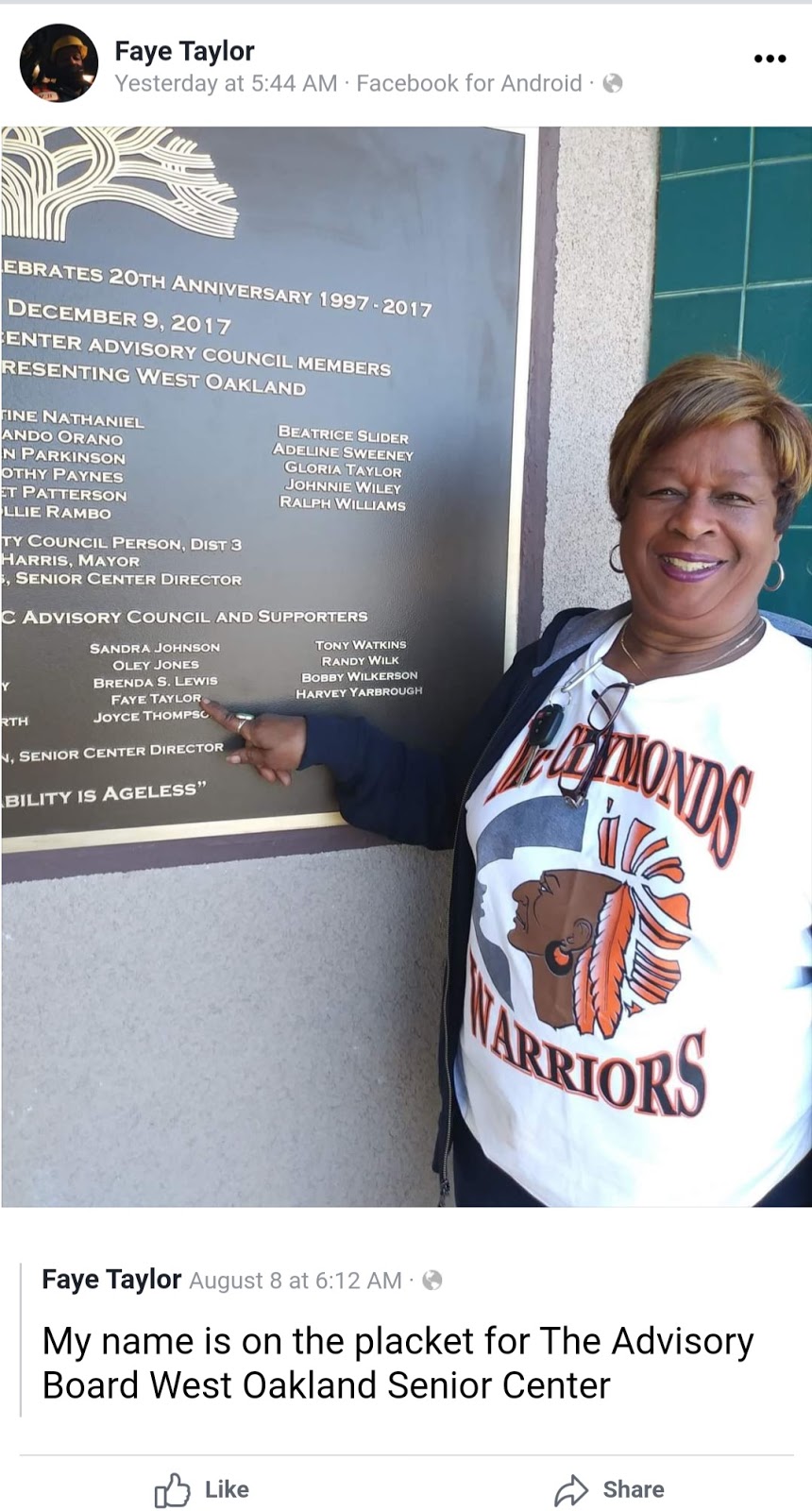 Facebook screenshot. Taylor points out her name on the placket [sic] for The Advisory Board West Oakland Senior Center.