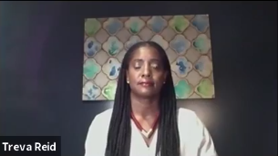 Screenshot of Zoom videoconference showing Treva Reid in front of a panel. The panel has a repeating geometric motif and is yellow and white with some blue marks on it.